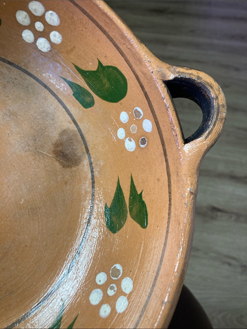Hand Crafted Terracotta Serving Bowl with Green and White Floral Motif - Picture 4 of 8